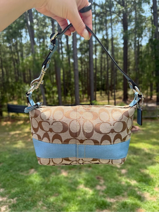 Coach Handbags - Coach Signature Canvas Small Shoulder Bag in Brown with Light Blue Accent